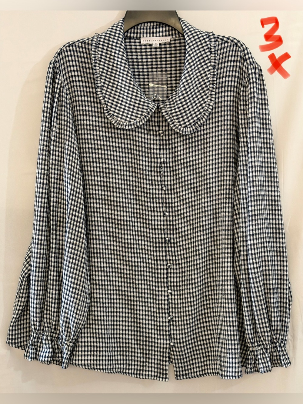 Jane and Delancey Navy & White Gingham Button-Down Blouse with Peter Pan Collar